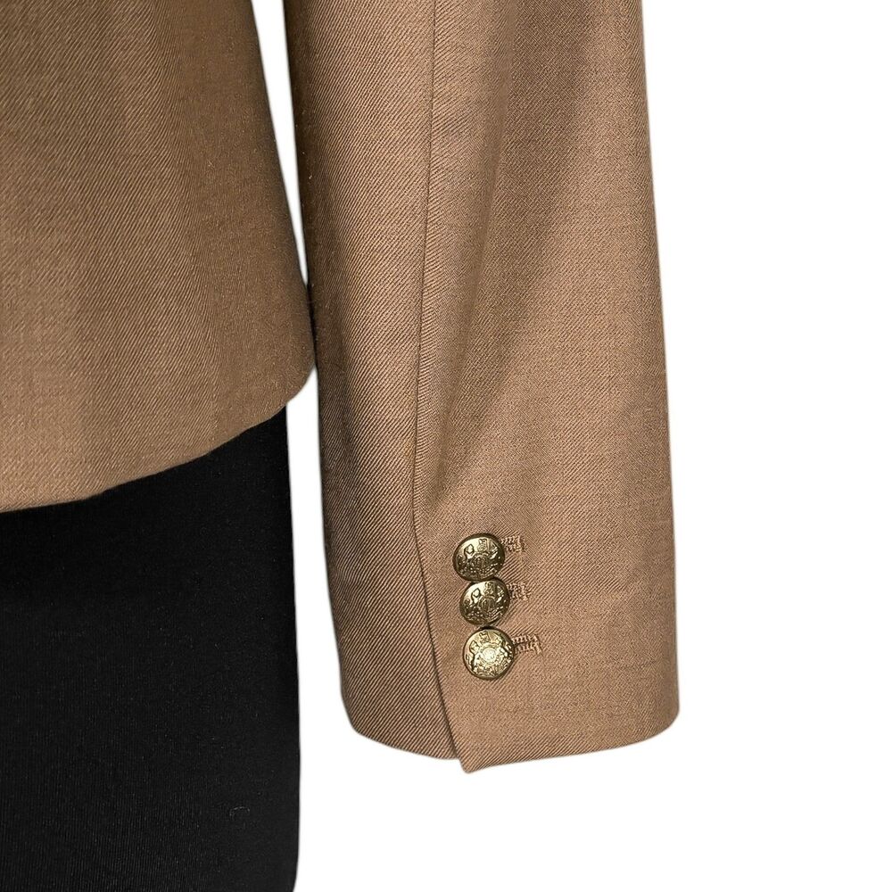 J Crew Womens 10 Tan Wool Blend Blazer Gold Crest Buttons Career Office Jacket - Picture 10 of 10